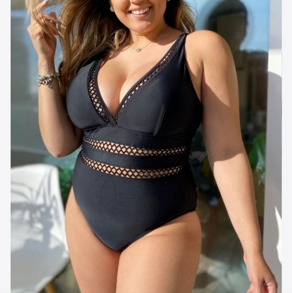NEW with Tags Black Lattice Plunge V-neck One Piece Swimsuit